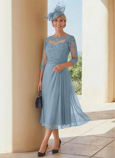 Exquisite Semi Sheer Illusion Lace Applique Sleeves Chiffon Mother Of The Bride Dresses