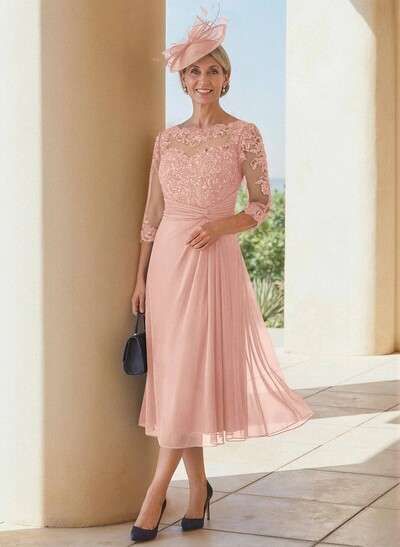 Exquisite Semi Sheer Illusion Lace Applique Sleeves Chiffon Mother Of The Bride Dresses