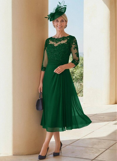 Exquisite Semi Sheer Illusion Lace Applique Sleeves Chiffon Mother Of The Bride Dresses