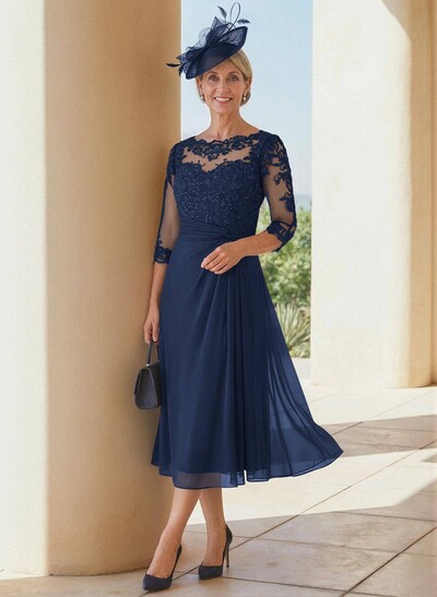 Exquisite Semi Sheer Illusion Lace Applique Sleeves Chiffon Mother Of The Bride Dresses