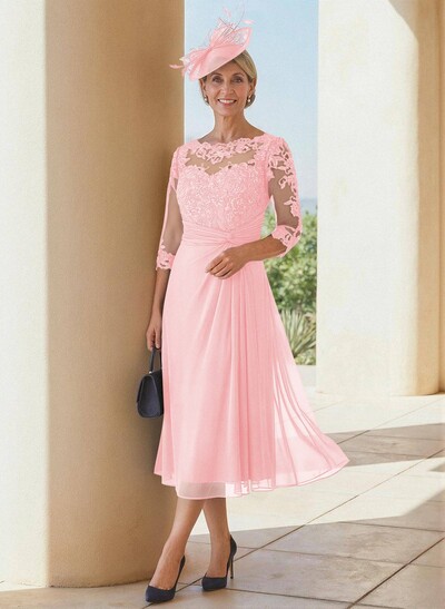 Exquisite Semi Sheer Illusion Lace Applique Sleeves Chiffon Mother Of The Bride Dresses
