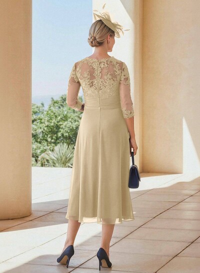 Exquisite Semi Sheer Illusion Lace Applique Sleeves Chiffon Mother Of The Bride Dresses