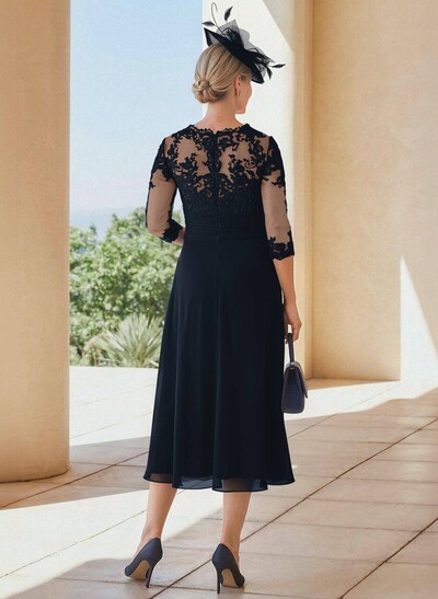 Exquisite Semi Sheer Illusion Lace Applique Sleeves Chiffon Mother Of The Bride Dresses