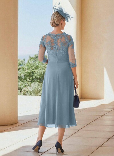 Exquisite Semi Sheer Illusion Lace Applique Sleeves Chiffon Mother Of The Bride Dresses