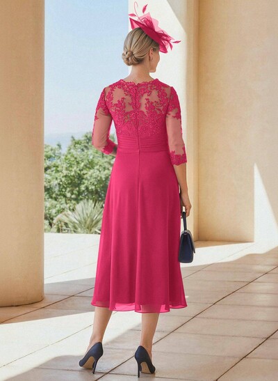 Exquisite Semi Sheer Illusion Lace Applique Sleeves Chiffon Mother Of The Bride Dresses