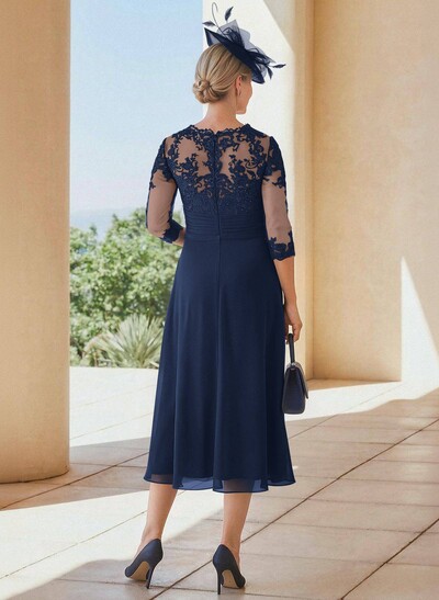 Exquisite Semi Sheer Illusion Lace Applique Sleeves Chiffon Mother Of The Bride Dresses