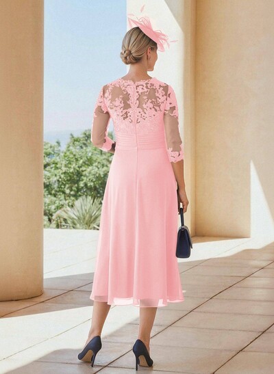 Exquisite Semi Sheer Illusion Lace Applique Sleeves Chiffon Mother Of The Bride Dresses