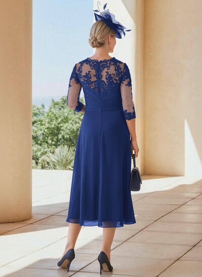 Exquisite Semi Sheer Illusion Lace Applique Sleeves Chiffon Mother Of The Bride Dresses