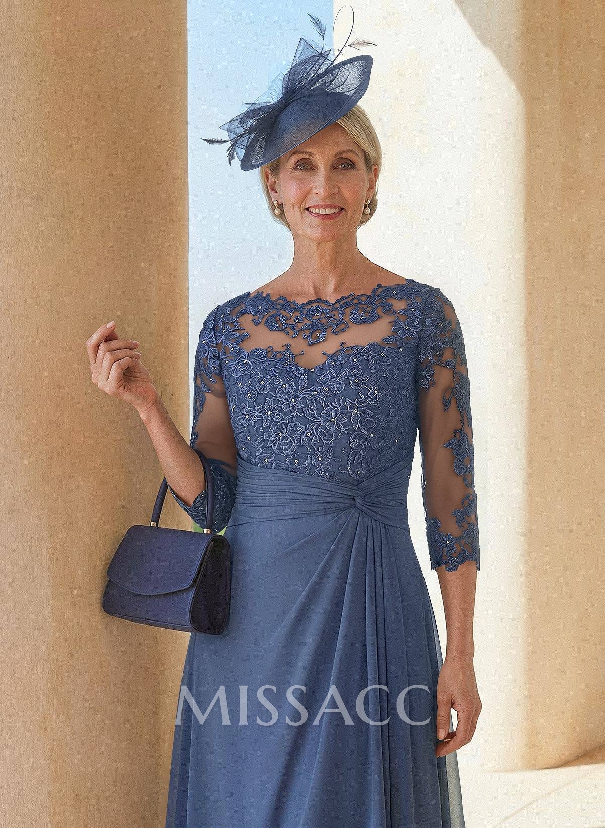 Exquisite Semi Sheer Illusion Lace Applique Sleeves Chiffon Mother Of The Bride Dresses
