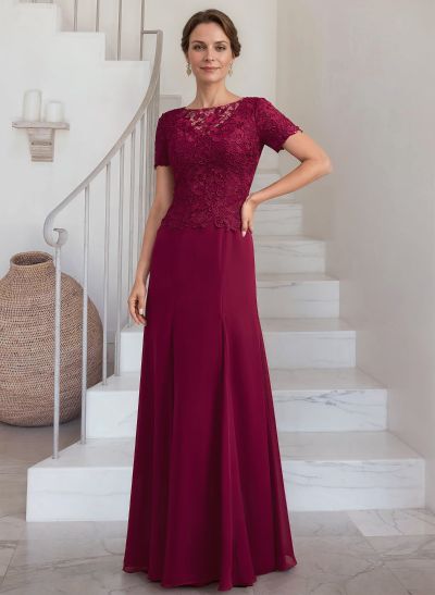 Exquisite Floral Embroidered Scoop Neck Short Sleeves Chiffon Mother Of The Bride Dresses