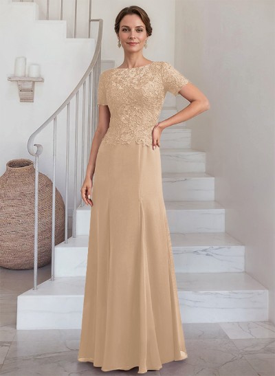 Sheath/Column Scoop Neck Short Sleeves Chiffon Mother Of The Bride Dresses With Lace