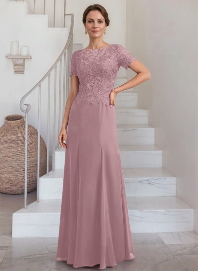 Sheath/Column Scoop Neck Short Sleeves Chiffon Mother Of The Bride Dresses With Lace