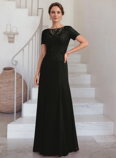 Exquisite Floral Embroidered Scoop Neck Short Sleeves Chiffon Mother Of The Bride Dresses
