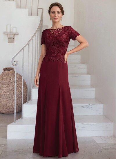 Exquisite Floral Embroidered Scoop Neck Short Sleeves Chiffon Mother Of The Bride Dresses