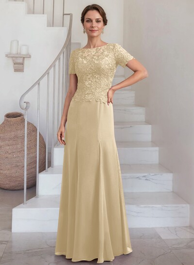 Exquisite Floral Embroidered Scoop Neck Short Sleeves Chiffon Mother Of The Bride Dresses