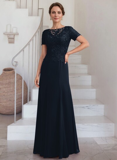 Exquisite Floral Embroidered Scoop Neck Short Sleeves Chiffon Mother Of The Bride Dresses