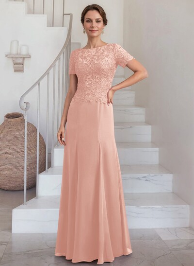 Exquisite Floral Embroidered Scoop Neck Short Sleeves Chiffon Mother Of The Bride Dresses