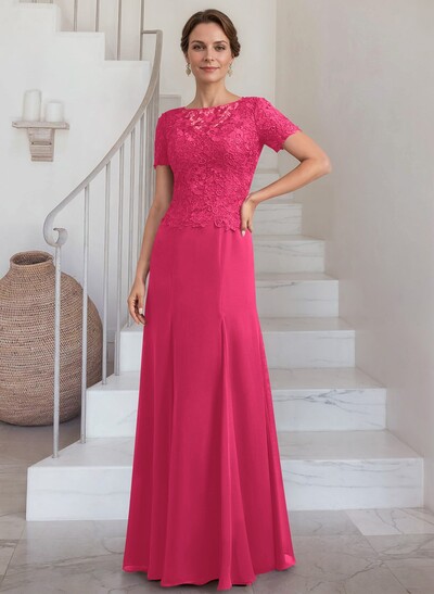 Exquisite Floral Embroidered Scoop Neck Short Sleeves Chiffon Mother Of The Bride Dresses