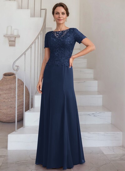 Exquisite Floral Embroidered Scoop Neck Short Sleeves Chiffon Mother Of The Bride Dresses
