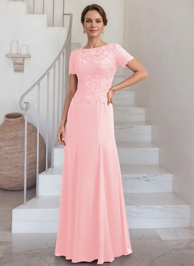 Exquisite Floral Embroidered Scoop Neck Short Sleeves Chiffon Mother Of The Bride Dresses