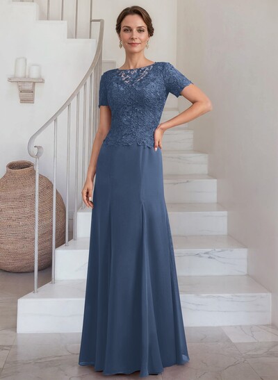 Exquisite Floral Embroidered Scoop Neck Short Sleeves Chiffon Mother Of The Bride Dresses