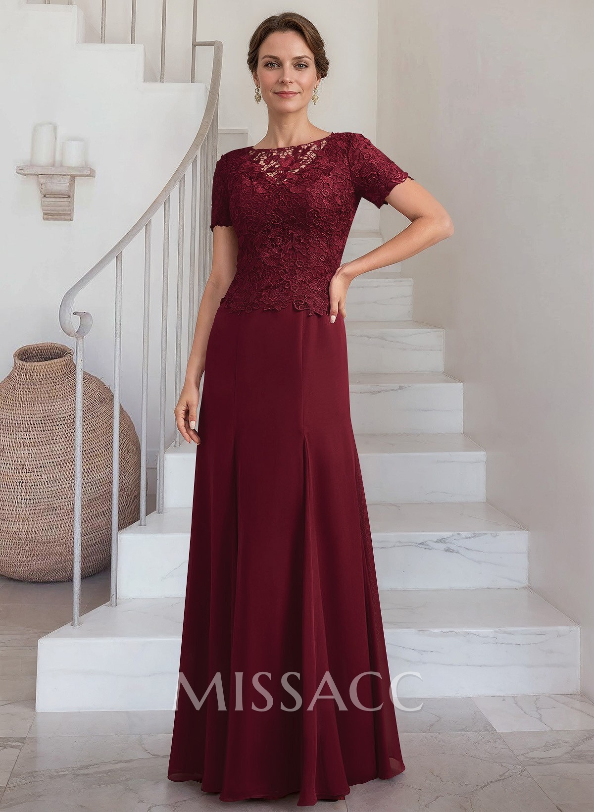 Exquisite Floral Embroidered Scoop Neck Short Sleeves Chiffon Mother Of The Bride Dresses