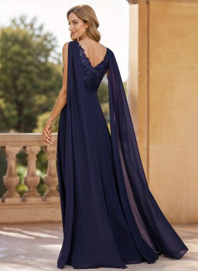 A-Line V-Neck Sleeveless Floor-Length Chiffon Mother Of The Bride Dresses With Lace