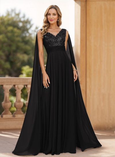 A-Line V-Neck Sleeveless Floor-Length Chiffon Mother Of The Bride Dresses With Lace