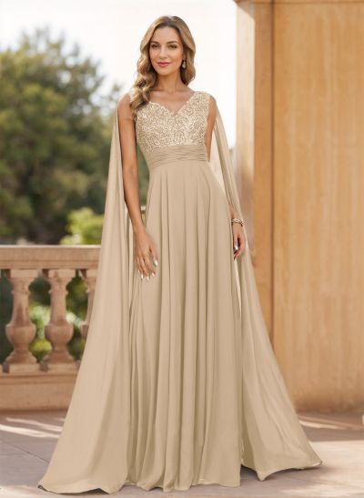 A-Line V-Neck Sleeveless Floor-Length Chiffon Mother Of The Bride Dresses With Lace