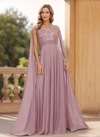 A-Line V-Neck Sleeveless Floor-Length Chiffon Mother Of The Bride Dresses With Lace