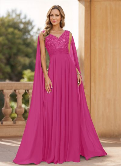 A-Line V-Neck Sleeveless Floor-Length Chiffon Mother Of The Bride Dresses With Lace