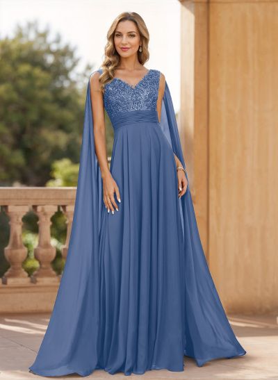 A-Line V-Neck Sleeveless Floor-Length Chiffon Mother Of The Bride Dresses With Lace