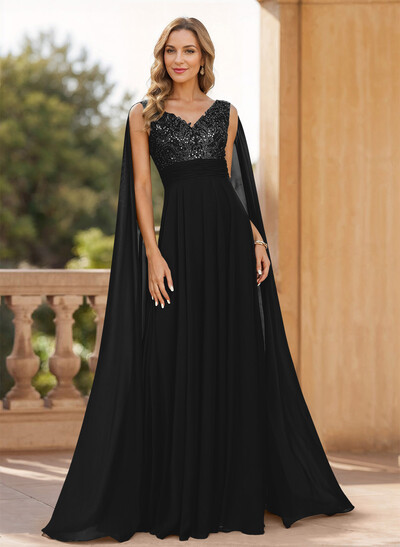 Unique Shoulder Side Drape V-Neck Chiffon Mother Of The Bride Dresses