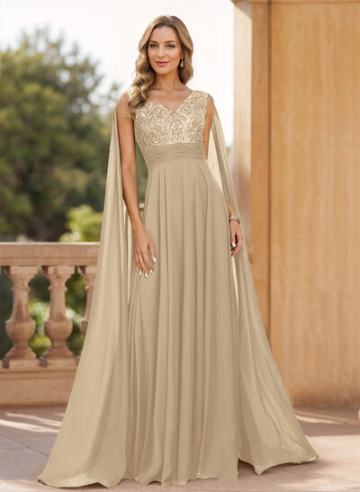Unique Shoulder Side Drape V-Neck Chiffon Mother Of The Bride Dresses