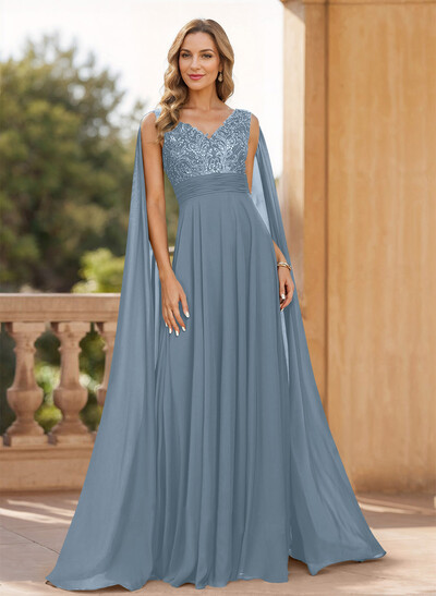 Unique Shoulder Side Drape V-Neck Chiffon Mother Of The Bride Dresses