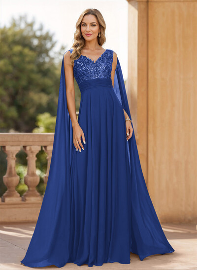 Unique Shoulder Side Drape V-Neck Chiffon Mother Of The Bride Dresses