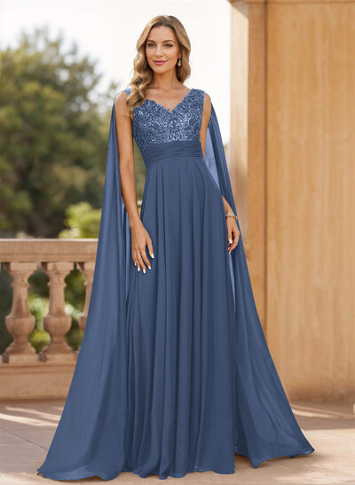 Unique Shoulder Side Drape V-Neck Chiffon Mother Of The Bride Dresses