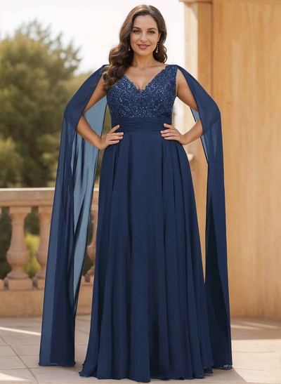 Unique Shoulder Side Drape V-Neck Chiffon Mother Of The Bride Dresses