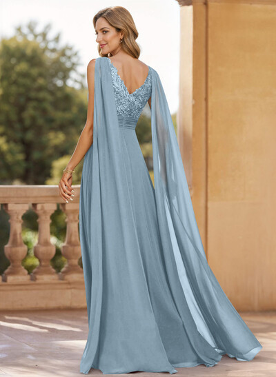 Unique Shoulder Side Drape V-Neck Chiffon Mother Of The Bride Dresses