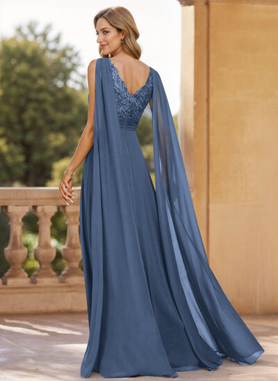 Unique Shoulder Side Drape V-Neck Chiffon Mother Of The Bride Dresses