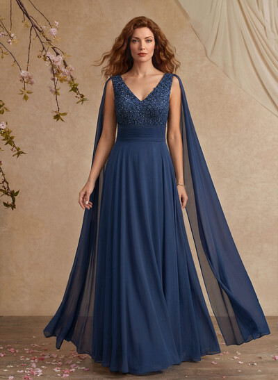 Unique Shoulder Side Drape V-Neck Chiffon Mother Of The Bride Dresses