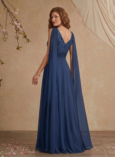 Unique Shoulder Side Drape V-Neck Chiffon Mother Of The Bride Dresses
