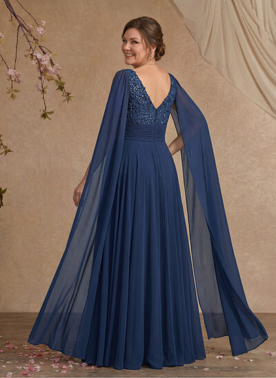 Unique Shoulder Side Drape V-Neck Chiffon Mother Of The Bride Dresses