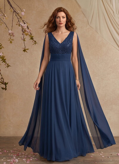 Unique Shoulder Side Drape V-Neck Chiffon Mother Of The Bride Dresses