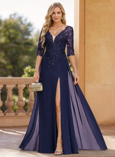 A-Line V-Neck 1/2 Sleeves Floor-Length Chiffon Mother Of The Bride Dresses With Lace