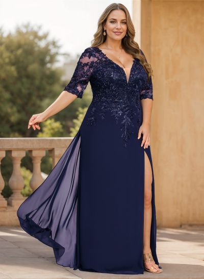 Exquisite Plunge Neck Floral Embroidered Sleeves Chiffon Mother Of The Bride Dresses With High Split