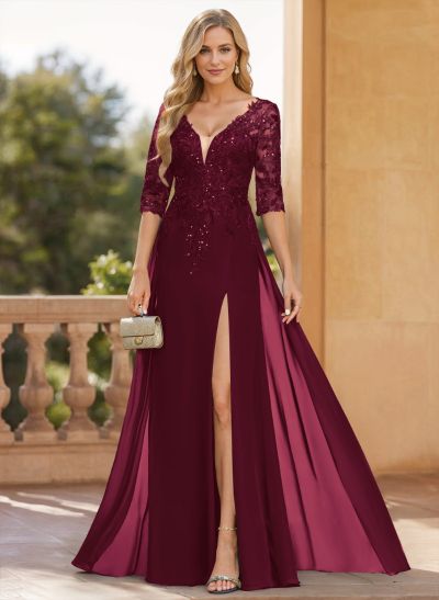 A-Line V-Neck 1/2 Sleeves Floor-Length Chiffon Mother Of The Bride Dresses With Lace