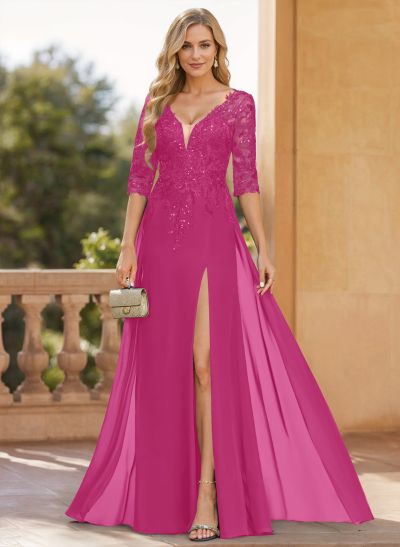 A-Line V-Neck 1/2 Sleeves Floor-Length Chiffon Mother Of The Bride Dresses With Lace