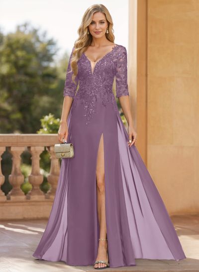 A-Line V-Neck 1/2 Sleeves Floor-Length Chiffon Mother Of The Bride Dresses With Lace