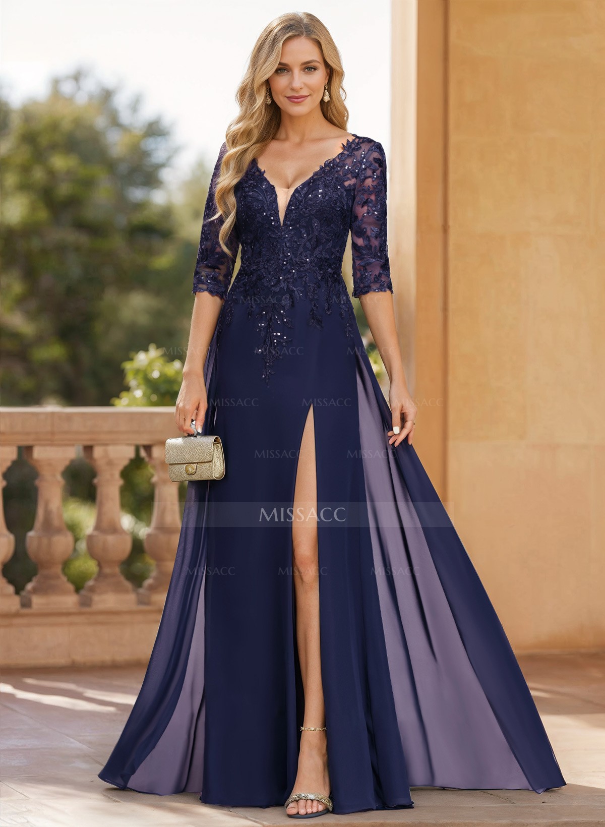 A-Line V-Neck 1/2 Sleeves Floor-Length Chiffon Mother Of The Bride Dresses With Lace